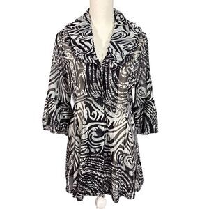 Damee Inc Sheer Swing Jacket Women’s Medium Black & White Print Lightweight
